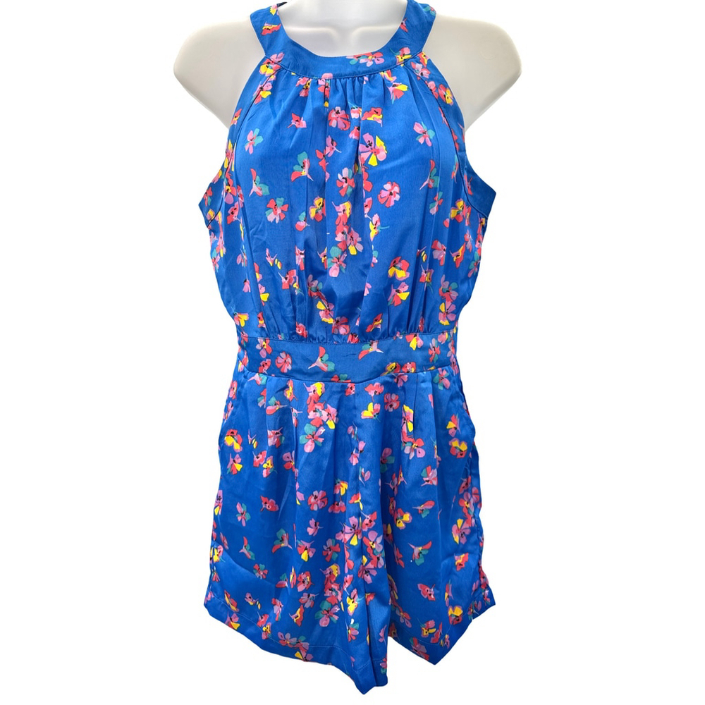 Liquorish‎ Floral Romper Size Small Blue Sleeveless Halter Pocket Summer